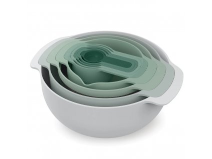 Kitchen bowl set NEST 40112, 9 pcs, with colander and measuring cups, gray / green, Joseph Joseph