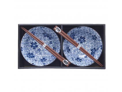 Dining bowl WHITE WITH BLUE BLOSSOM, set of 2 pcs with chopsticks, 400 ml, MIJ