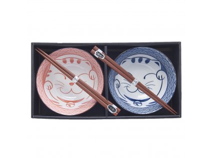 Dining bowl with chopsticks MANEKEI WAVE, set of 2 pcs, 400 ml, red and blue, MIJ