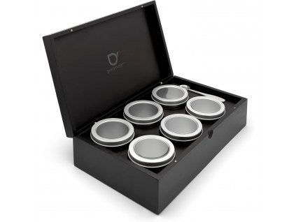 Loose tea box 36 x 21 cm, with 6 canisters and measuring spoon, black, bamboo, Bredemeijer