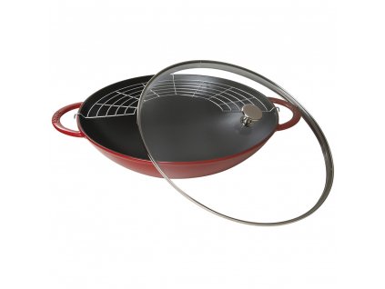 Wok 37 cm, med glaslåg, kirsebær, støbejern, Staub