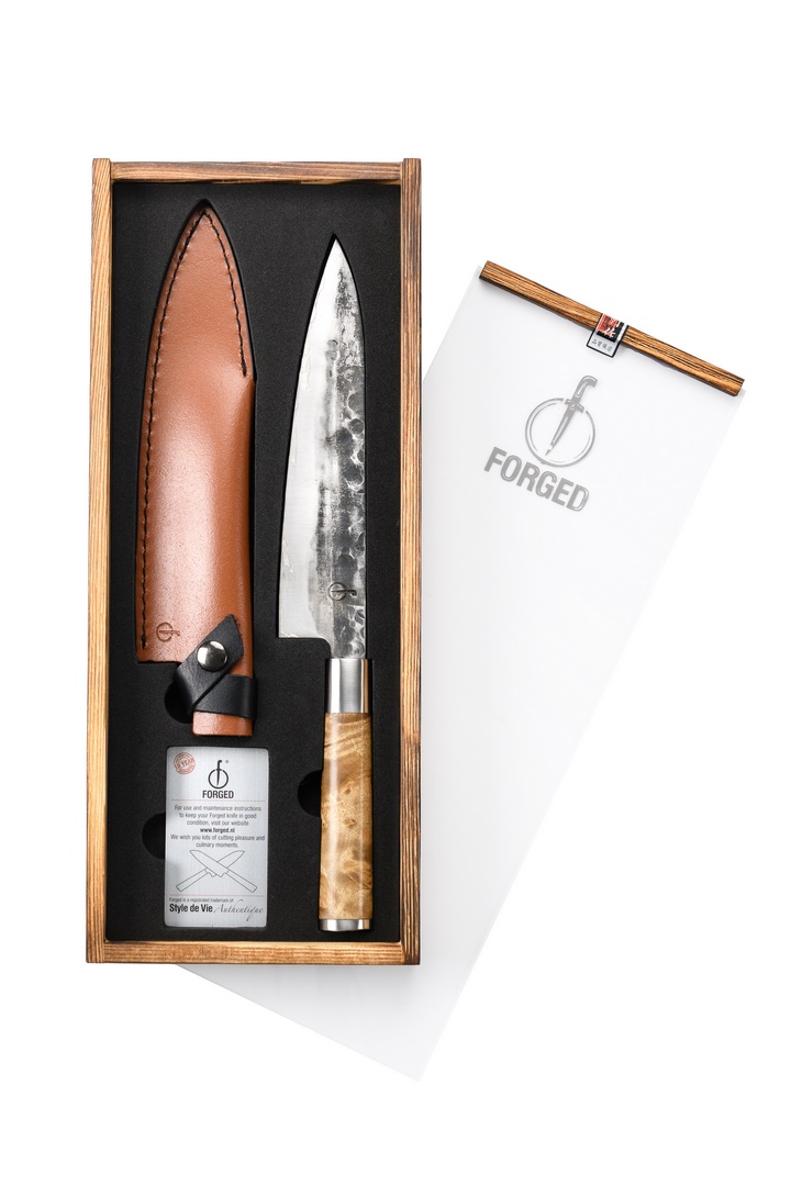 Kokkekniv VG10 20,5 cm, med læderetui, Forged