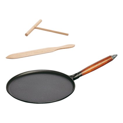 Sartén para crepes, 28 cm, con volteador y esparcidor de crepes, mango de madera, hierro fundido, Staub