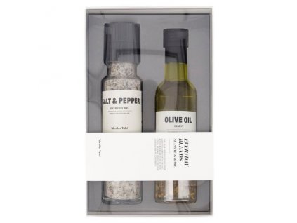Sal, pimienta y aceite de oliva en estuche de regalo, Nicolas Vahé
