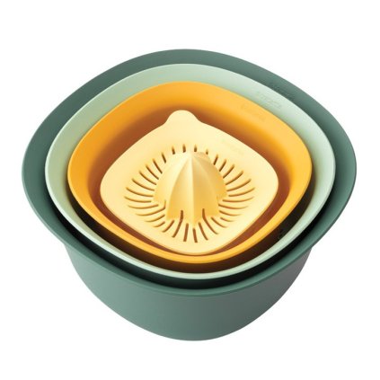 Brabantia -keittiön kulhosetti, 4 kpl, siivilällä ja sitruspuristimella