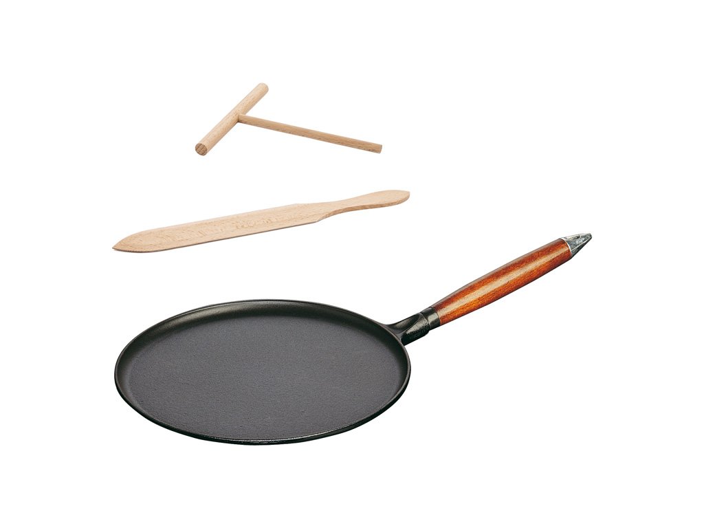 Crêpière 28 cm, avec spatule et râteau, manche en bois, fonte