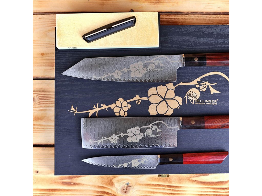 Set de couteaux Japonais JOSHI SAKURA, 4 pièces, avec pierre à