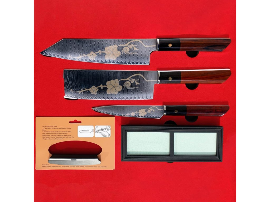 Set de couteaux Japonais JOSHI SAKURA, 4 pièces, avec pierre à