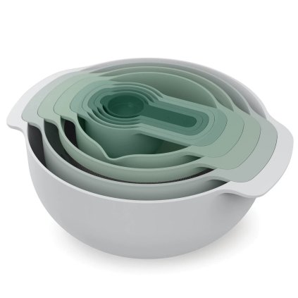 Bol de cuisine en set NEST 40112, 9 pièces, avec passoire et tasses à mesurer, gris / vert, Joseph Joseph