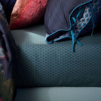 Drap housse simple MILLE LEAVES 90 x 200 cm, foncé bleu, percale de coton, Pip Stu