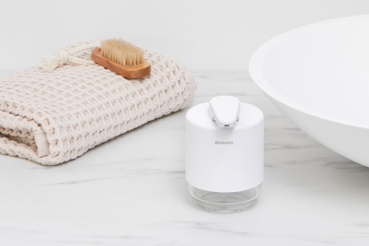 Distributeur de savon liquide MINDSET 200 ml, blanc minéral, acier et verre, Brabantia