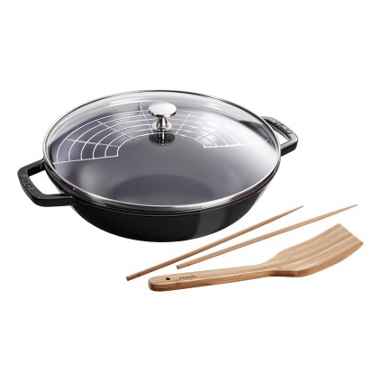 Τηγάνι wok 30 cm, με γυάλινο καπάκι, μαύρο, Staub