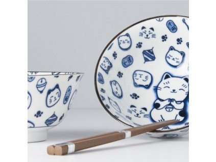 Μπολ σε σετ με chopsticks MANEKI CAT BLUE MIJ 400 ml 2 τμχ
