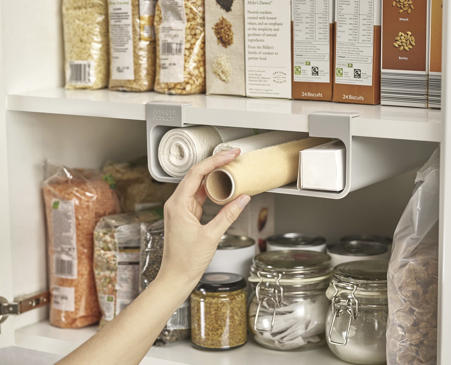 Οργανωτής για ντουλάπι κουζίνας CUPBOARDSTORE 26 cm, για μεμβράνες και σακούλες, γκρι, Joseph Joseph