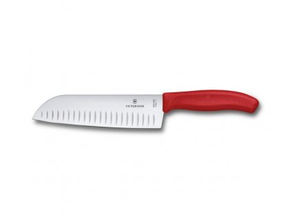 Santoku nož, 17 cm, s ovalnim utorima, crvena, Victorinox