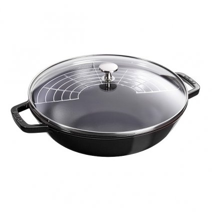 Wok 30 cm, üvegtetővel, fekete, Staub