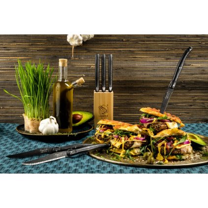 Steak kés szett PREMIUM, 6 db, blokkal, fekete, Laguiole