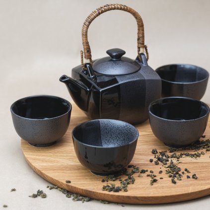 Teáskanna és teás csészék szettben GUNMETAL, 5 db, MIJ