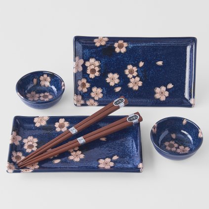 Sushi szett evőpálcikákkal NAVY WITH PINK SAKURA, 4 db, MIJ