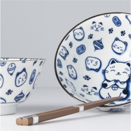 Tálak egy szettben evőpálcikákkal MANEKI CAT BLUE MIJ 400 ml 2 db