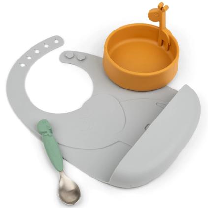 Kids dinnerware set PEEKABOO, 3 pcs, with bib, Done by Deer