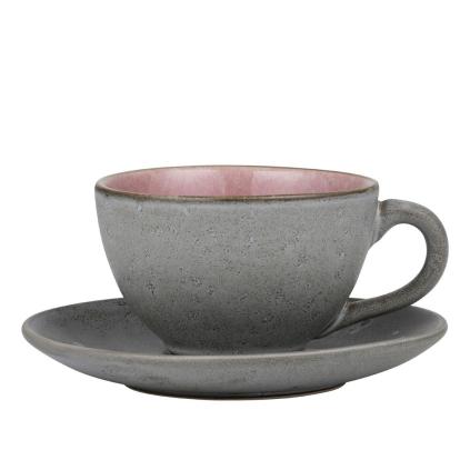 Tea cup with saucer 220 ml, grey/light pink, Bitz