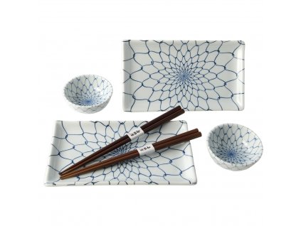 Sushi set WHITE WITH BLUE NET, set of 6 pcs, blue, ceramics, MIJ