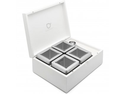 Loose tea box 24 x 18 cm, with 4 canisters and measuring spoon, white, bamboo, Bredemeijer
