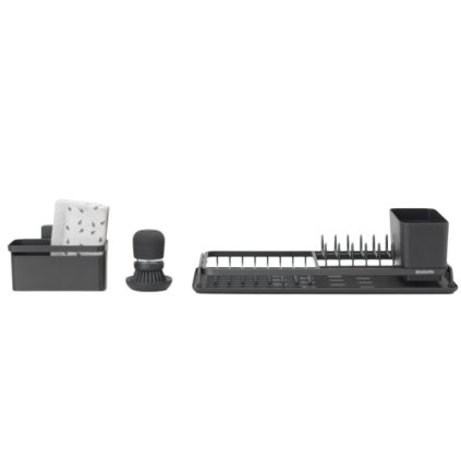 Vassoio scolapiatti, spazzola per piatti e contenitore per lavello in un set, grigio scuro, Brabantia