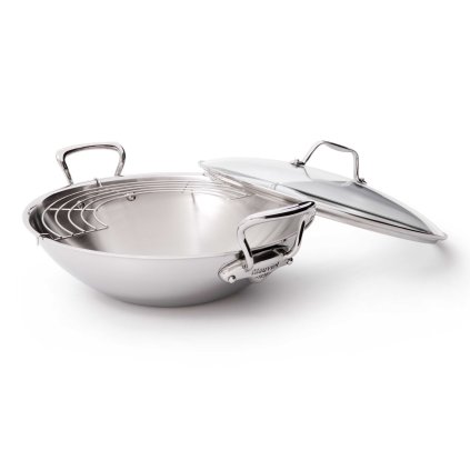 Wok 32 cm, manici in acciaio inox, coperchio in vetro, Mauviel