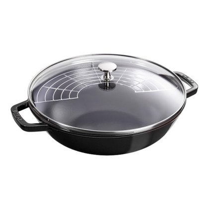 Wok keptuvė 30 cm, su stikliniu dangčiu, juodos spalvos, Staub