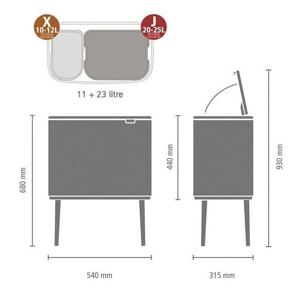 Sensorinė šiukšliadėžė BO 11 + 23 l, balta, Brabantia