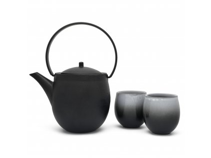 Theepot met theekopjes (set) SENDAI, 3-delig, 1,2 l, zwart en grijs, Bredemeijer