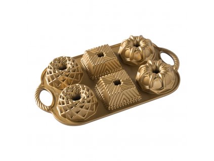 Bakvorm GEO BUNDLETTE BUNDT, voor 6 bundt minicakes, verschillende vormen, goud, Nordic Ware