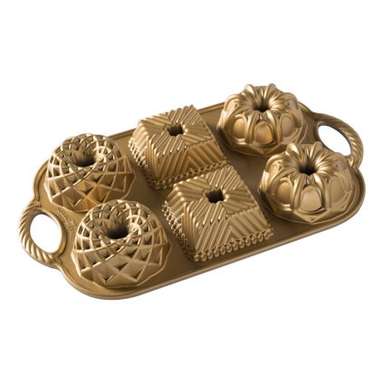 Forma do pieczenia ciast GEO BUNDLETTE BUNDT , na 6 minibabek, różne kształty, złota, Nordic Ware