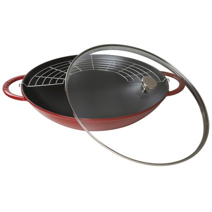 Wok 37 cm, com tampa de vidro, cor de cereja, ferro fundido, Staub