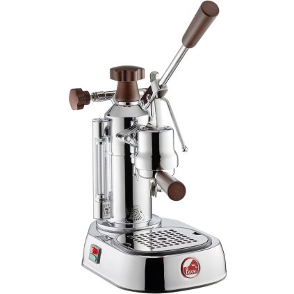 Máquina de café manual EUROPICCOLA LUSSO, prateada, pega em madeira, La Pavoni