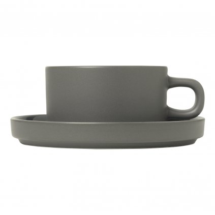 Ceașcă de ceai cu farfurie PILAR set de 2 buc, 200 ml, gri închis, ceramică, Blomus