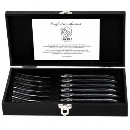 Set de furculițe pentru friptură LAGUIOLE LUXURY, 6 buc, negru, mâner de abanos, Laguiole