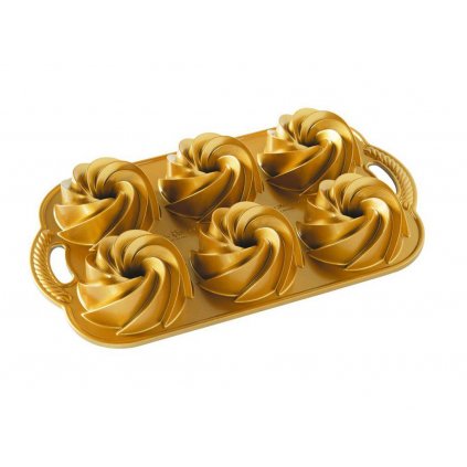 Formă pentru tort GEO BUNDLETTE BUNDT , pentru 6 prăjituri minibundt, aurii, Nordic Ware
