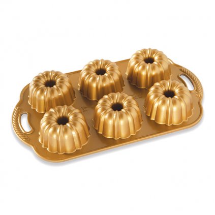 Formă pentru tort ANNIVERSARY BUNDLETTE BUNDT, pentru 6 prăjituri minibundt, aurii, Nordic Ware