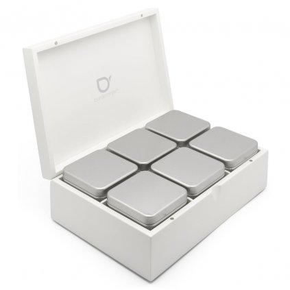 Cutie pentru ceai vărsat, cu 4 mini canistre 27 x 18 cm, cu 6 cutii, alb, bambus, Bredemeijer