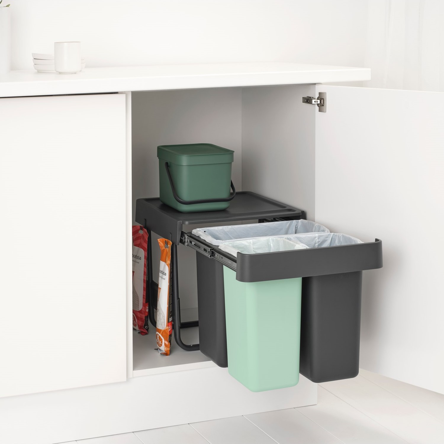 Vgradni koš za smeti SORT & GO 2x 10 l + 1x 20 l, temno siva / žad zelena, plast, Brabantia
