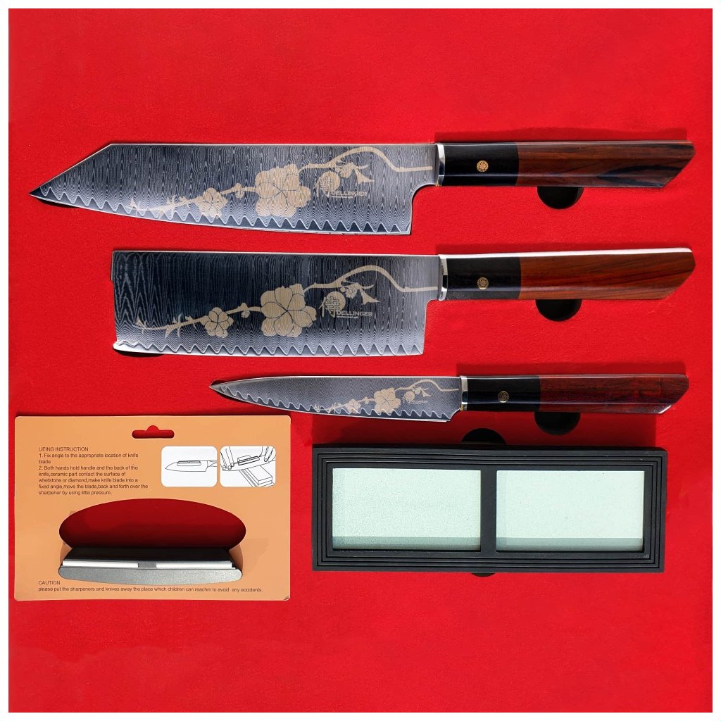 Geschenkbox, mit JOSHI Messer Set 4-teilig, Dellinger SAKURA, Schleifstein, Japanisches