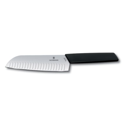 Santoku Messer SWISS MODERN 17 cm, mit ovalen Rillen, schwarz, Victorinox