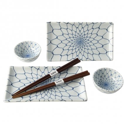 Sushi Set WHITE WITH BLUE NET, 6-teilig, blau, Keramik, MIJ