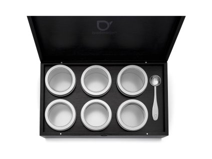 Teebox für losen Tee 36 x 21 cm, mit 6 Dosen und Messlöffel, schwarz, Bambus, Bredemeijer