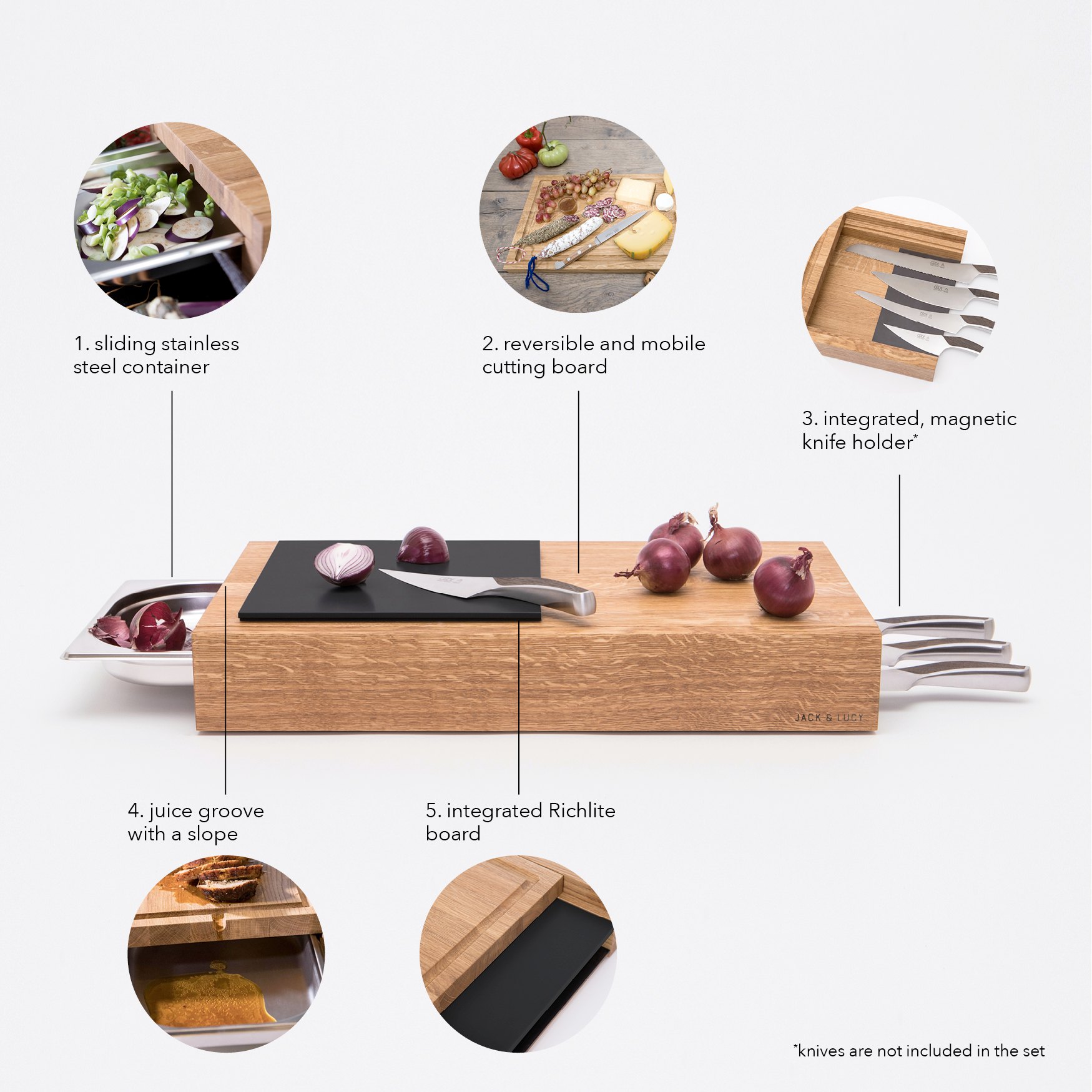 Schneidebrett ONE LONG GRAIN 45 x 33 cm, mit Schublade, Eichenholz, Jack & Lucy