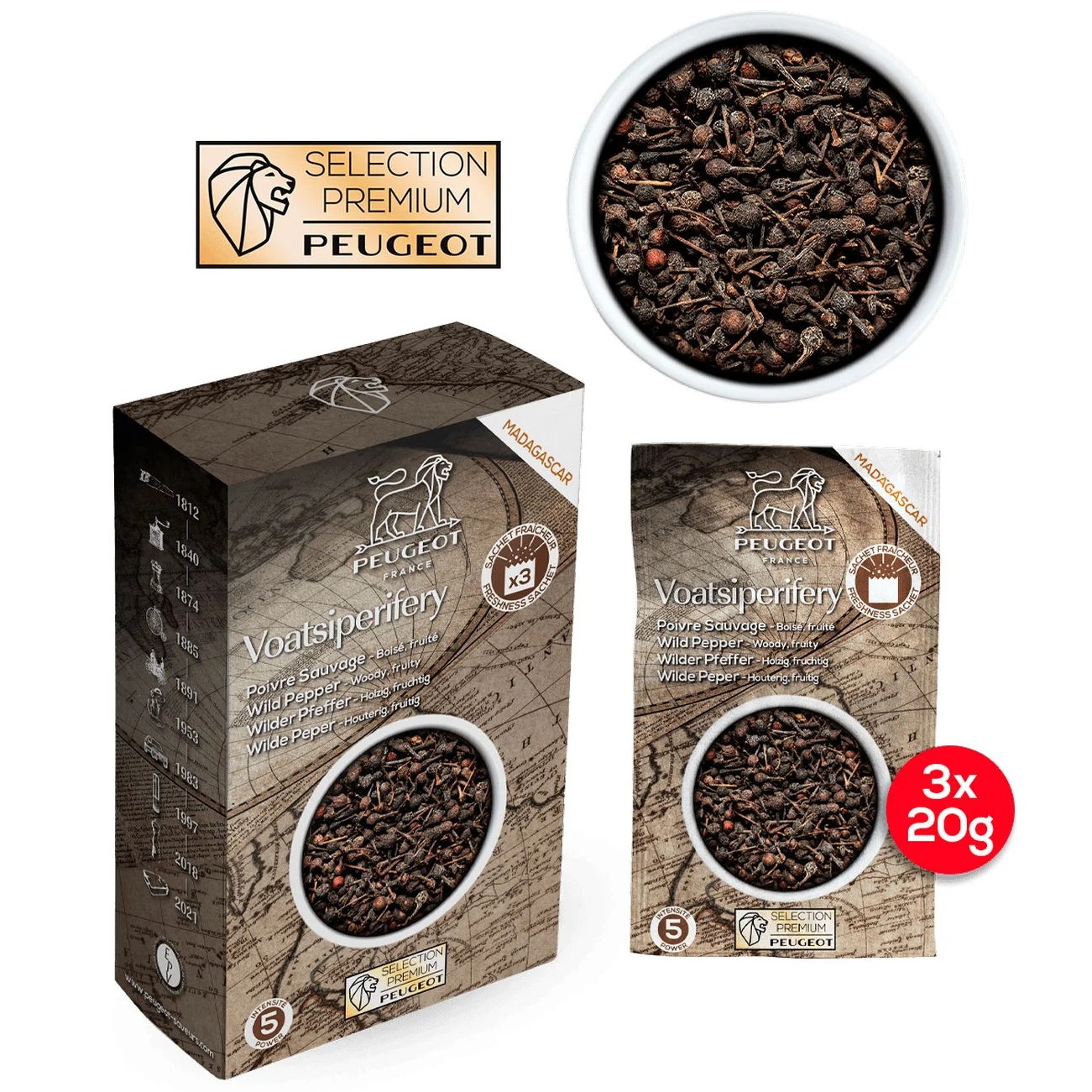 Wilder schwarzer Pfeffer VOATSIPERIFERY PREMIUM 3 x 20 g, Peugeot