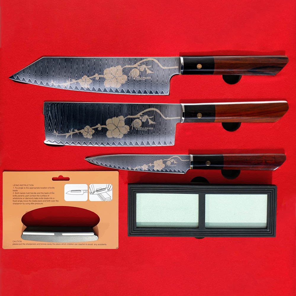 Japanisches Messer Set JOSHI SAKURA, 4-teilig, mit Schleifstein, Geschenkbox, Dellinger